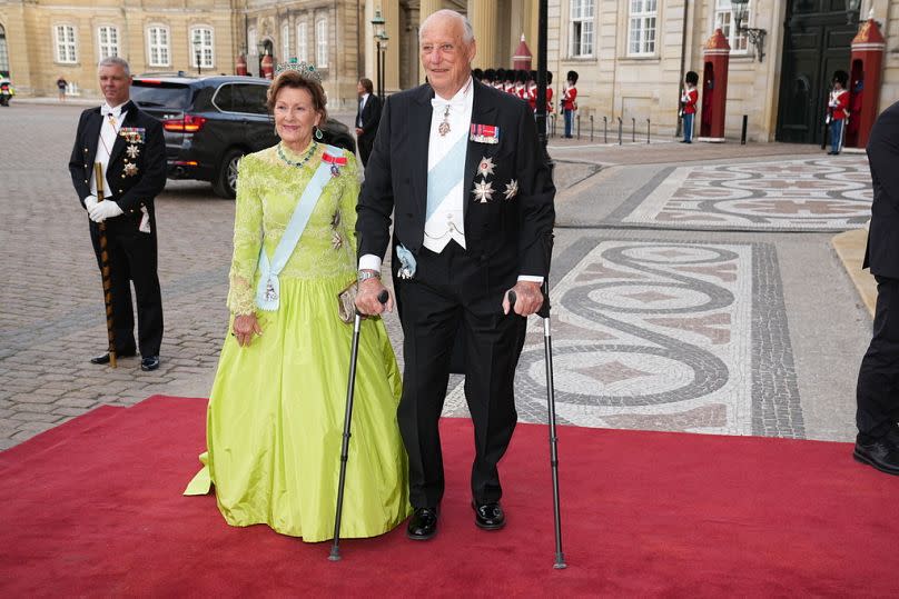 Norway&apos;s King Harald and Queen Sonja arrive to the dinner at Amalienborg Castle in Copenhagen, Thursday June 15, 2023.