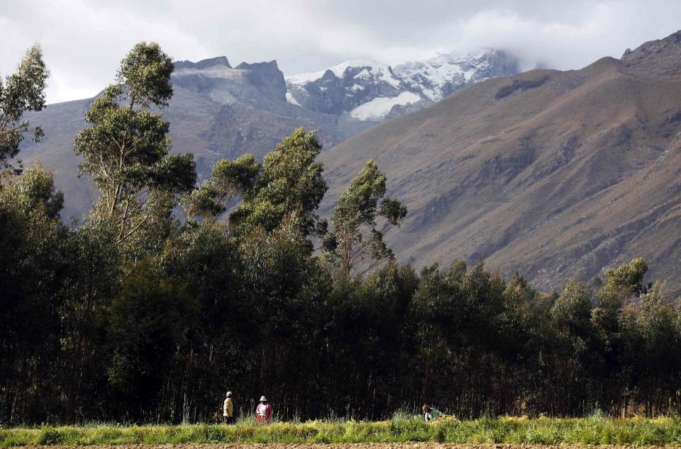 Farmers work in a field irrigated by glacial meltwater, below Huandoy montain in Yungay Valley