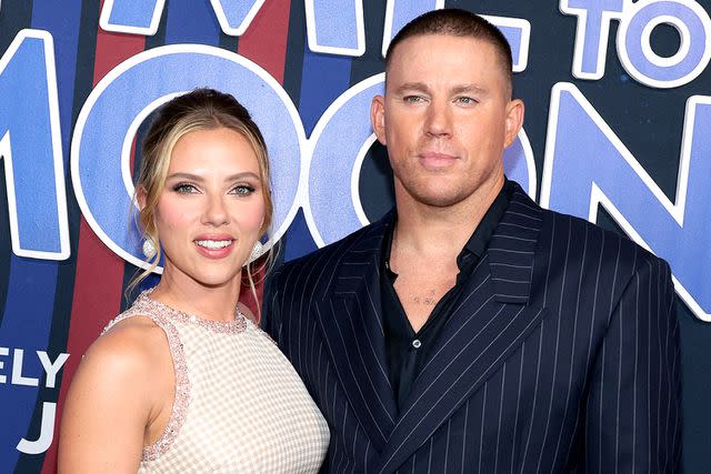 <p>Dimitrios Kambouris/Getty </p> Scarlett Johansson and Channing Tatum attend the "Fly Me To The Moon" World Premiere