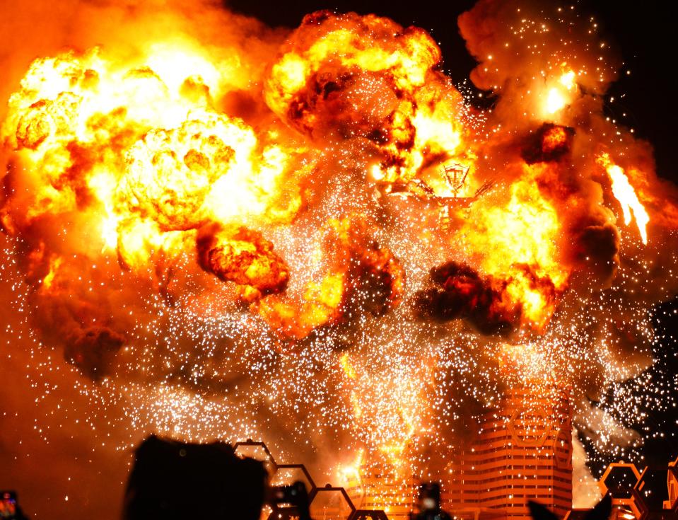 Fireworks explode as part of the Man burn at Burning Man on Labor Day.