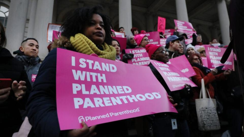 Pro-choice activists, politicians and others associated with Planned Parenthood gather for a news conference and demonstration at City Hall against the Trump administrations title X rule change on February 25, 2019 in New York City. (Photo by Spencer Platt/Getty Images)