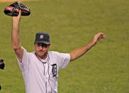DETROIT, MI - MAY 18: Justin Verlander #35 of the Detroit Tigers acknowledges the fans after giving up one hit in the ninth inning during the game against the Pittsburgh Pirates at Comerica Park on May 18, 2012 in Detroit, Michigan. The Tigers defeated the Pirates 6-0. (Photo by Leon Halip/Getty Images)