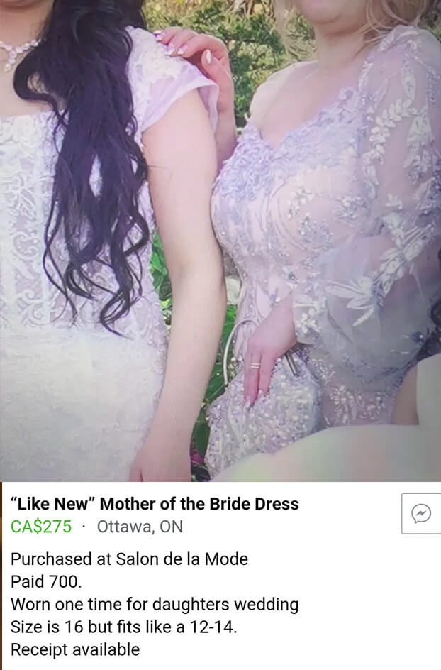 A sale listing for what is dubbed a "mother of the bride dress," which includes a photo of her posing next to her daughter the bride, and both dresses look like wedding dresses