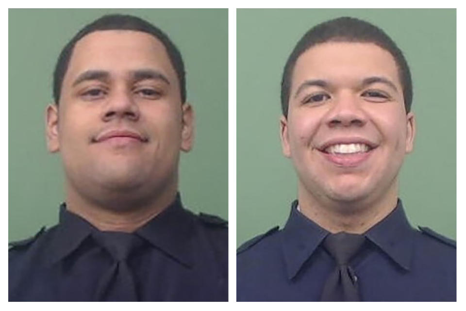 FILE - This photo combo of images provided by the New York City Police Department shows NYPD Officers Wilbert Mora, left, and Jason Rivera. The two officers were shot while answering a call about an argument between a woman and her adult son in the Harlem neighborhood of New York, Friday, Jan. 21, 2022. On Wednesday, May 17, 2023, Rivera and Mora will be among those honored by President Joe Biden with the Medal of Valor, the nation's highest honor for bravery by a public safety officer. (Courtesy of NYPD via AP, File)