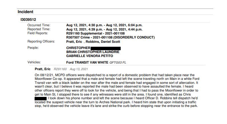 A police report detailing an argument between Gabrielle Petito and Brian Laundrie. (Moab Police Department)