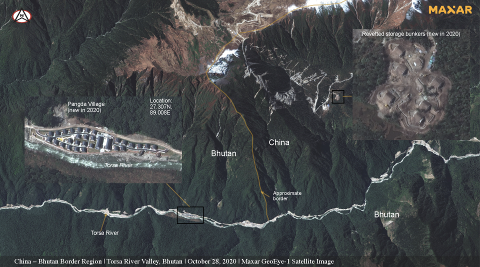 This satellite image shows the new village Pangda, inset, and a 'storage bunker'.