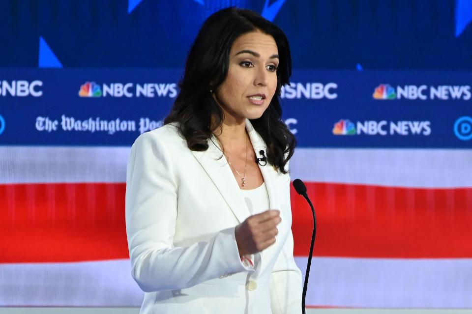 Democratic presidential hopeful Rep. Tulsi Gabbard, D-Hawaii, speaks during the fifth Democratic presidential primary debate in Atlanta.