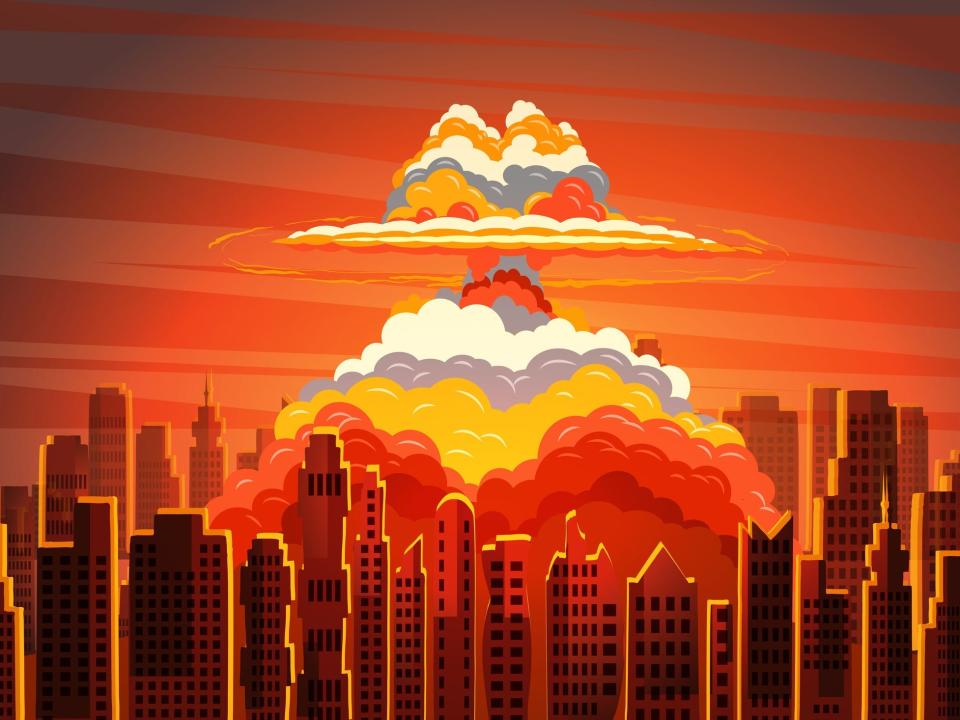 Cartoon of an atomic explosion over a populated city.