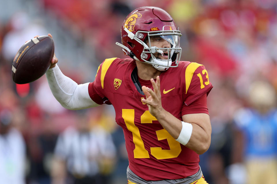 LOS ANGELES, CALIFORNIA - NOVEMBER 18: Caleb Williams #13 of the USC Trojans passes the ball during the first half of a game against the UCLA Bruins at United Airlines Field at the Los Angeles Memorial Coliseum on November 18, 2023 in Los Angeles, California. (Photo by Sean M. Haffey/Getty Images)