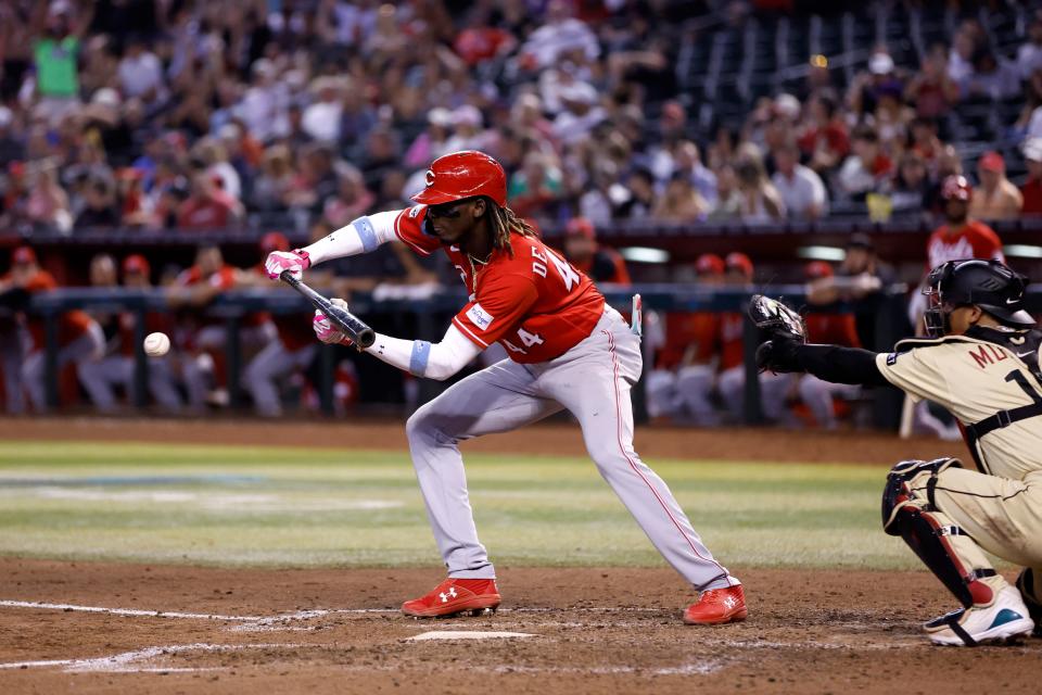 De La Cruz's first career bunt hit was this one in Arizona last August. It was his only one until Saturday.