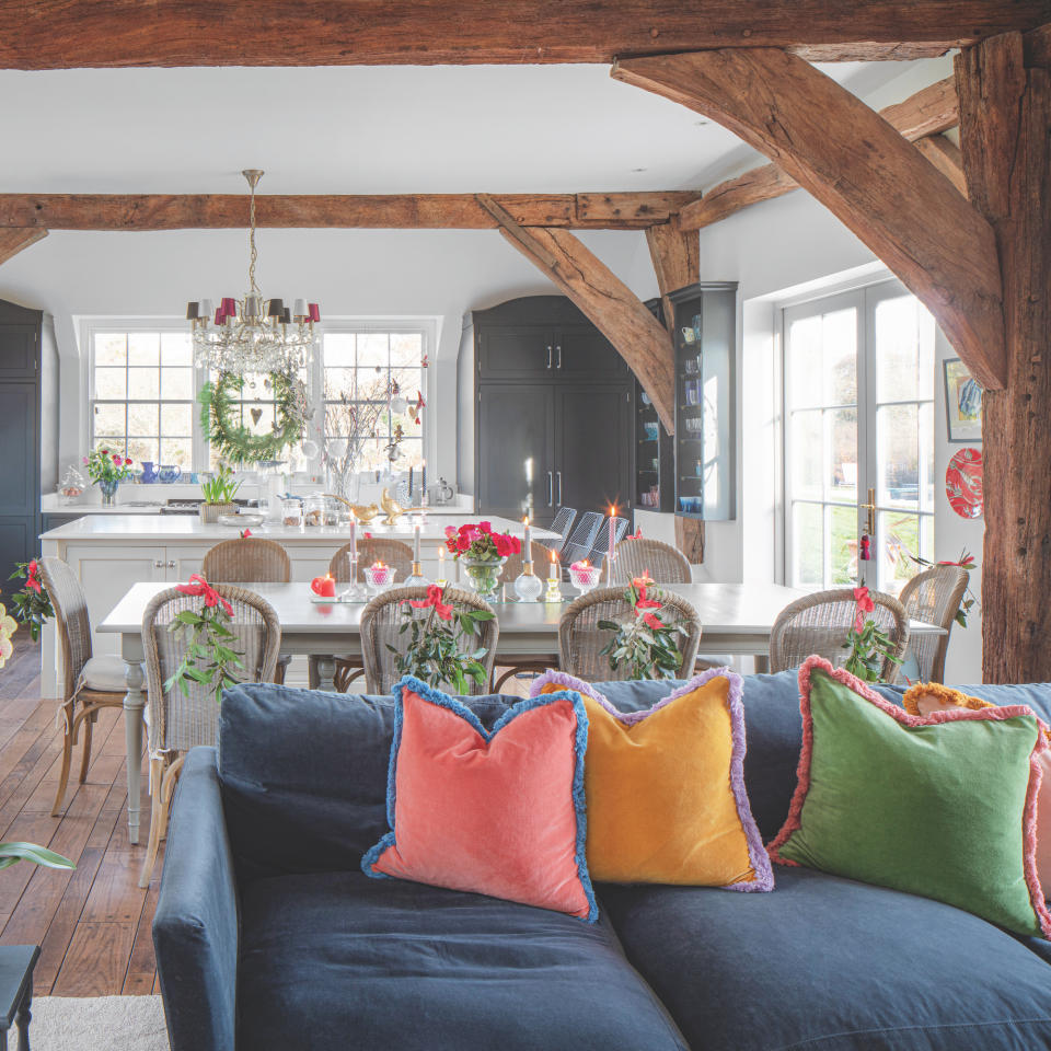 Sussex farmhouse colourful sofa and cushions