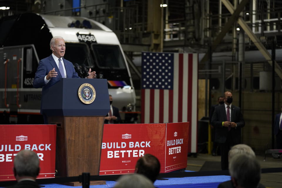 President Joe Biden delivers remarks at NJ Transit Meadowlands Maintenance Complex to promote his 