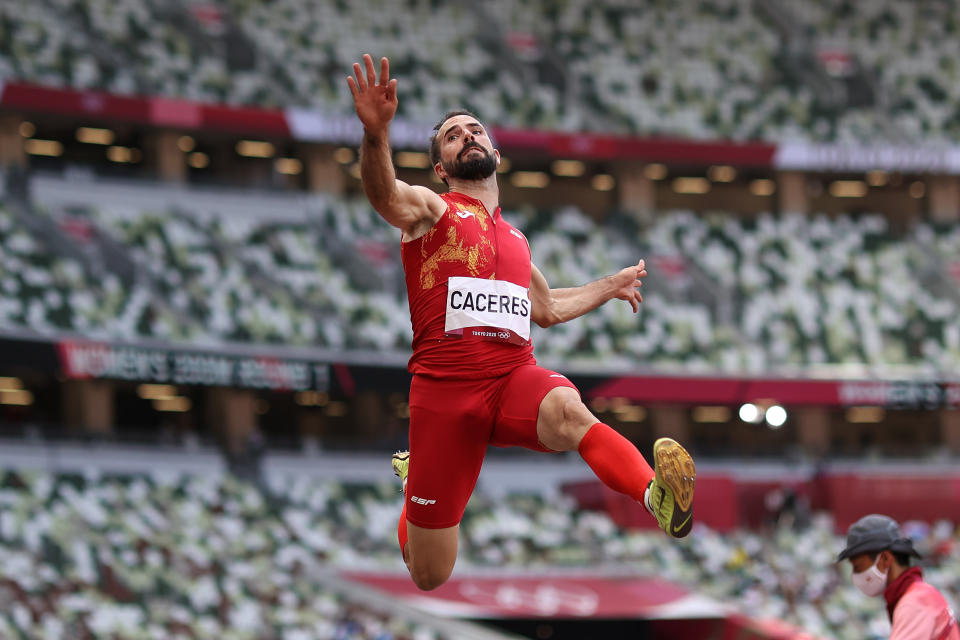 TOKYO, JAPAN - AUGUST 02: Eusebio Caceres of Team Spain competes in the Men's Long Jump Final on day ten of the Tokyo 2020 Olympic Games at Olympic Stadium on August 02, 2021 in Tokyo, Japan. (Photo by Cameron Spencer/Getty Images)