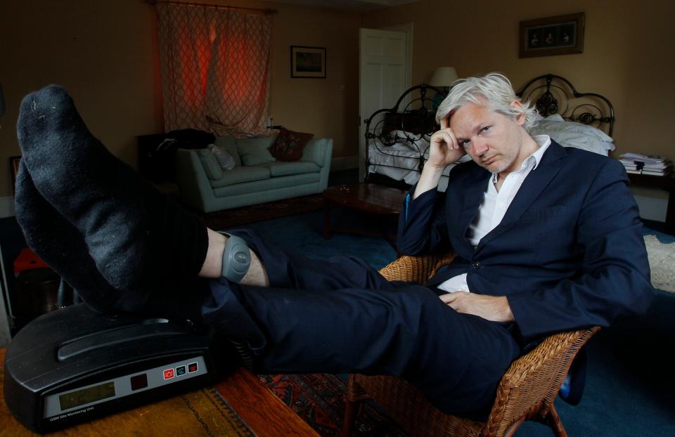 WikiLeaks founder Julian Assange is seen with his ankle security tag at the house where he is required to stay, near Bungay, England, on June 15, 2011. Assange's lawyers are arguing against extradition to the U.S. in a U.K. court stating Feb. 20, 2024.