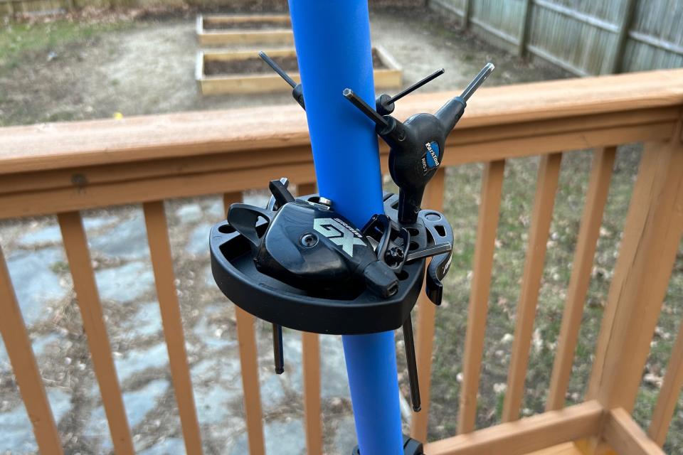 A closer look at the included tool tray on the Park Tool PCS-10.3 bike repair stand