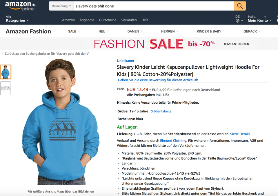 Ein aktueller Screenshot von Amazon zeigt, dass die rassistischen Produkte immer noch erhältlich sind. (Bild: Screenshot Amazon)