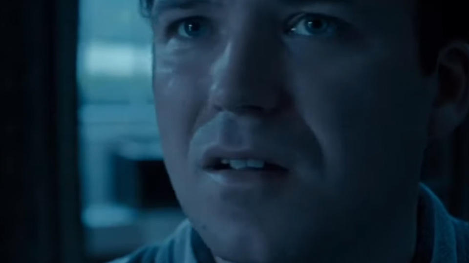 An extreme close up of Rory Kinnear looking very disturbed in Black Mirror