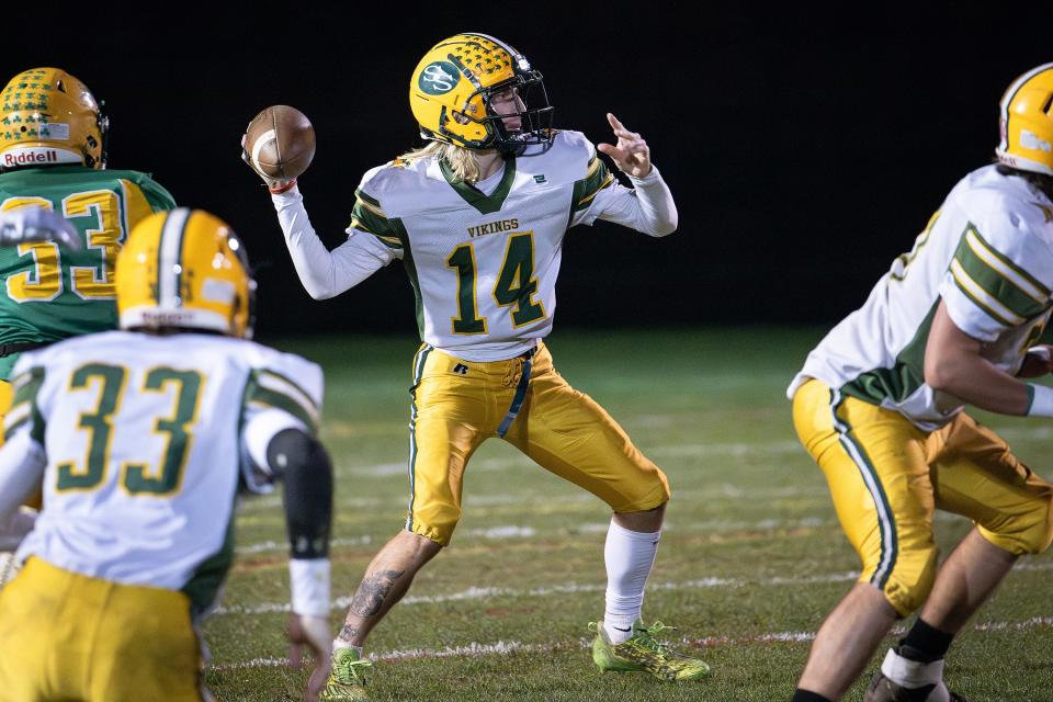 South Shore Vikings quarterback Todd Egan passes versus Clinton during the Division 7 first round playoff on Friday November 3, 2023.