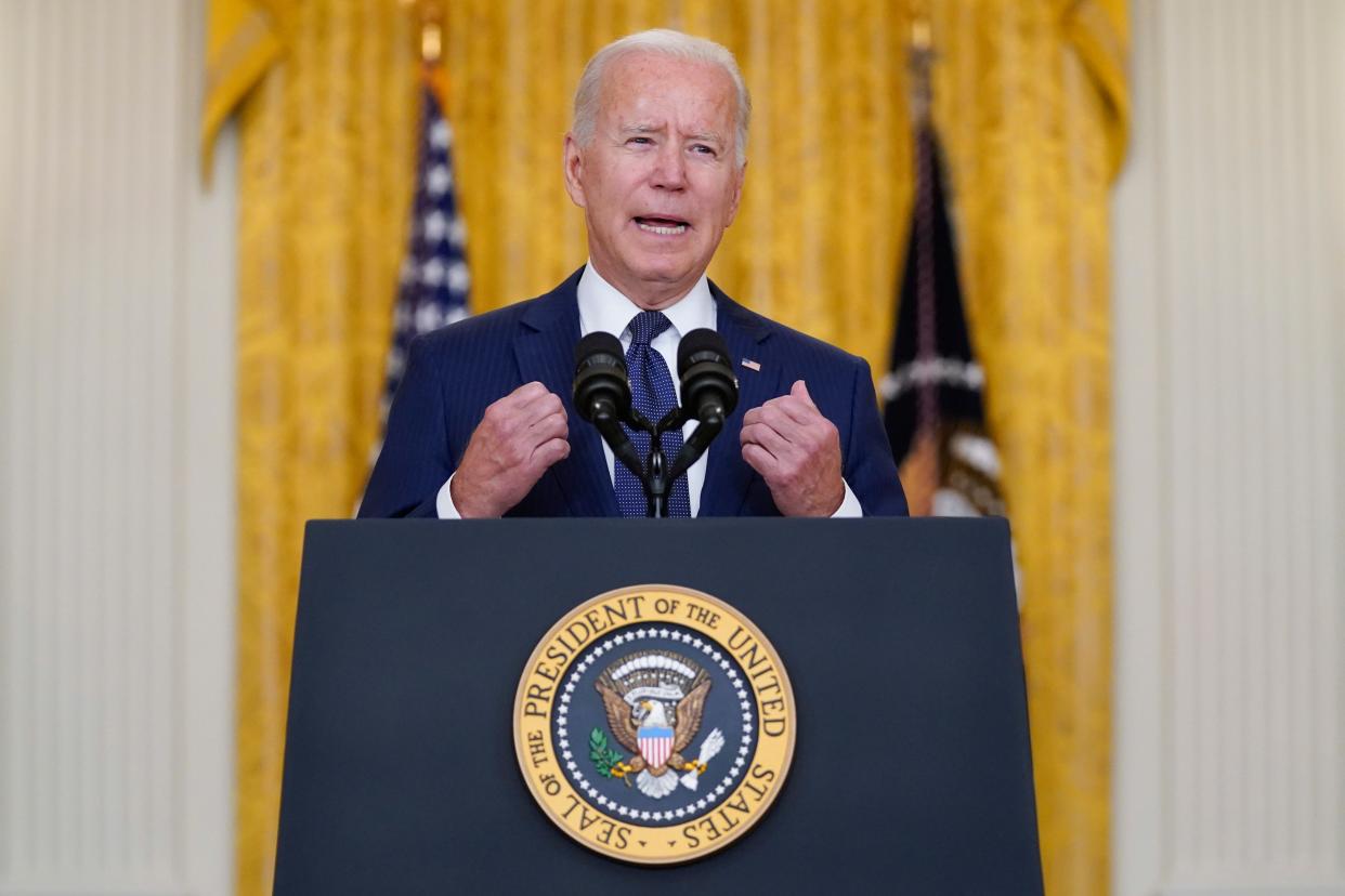 President Joe Biden speaks about the bombings at the Kabul airport that killed at least 12 U.S. service members, from the East Room of the White House (AP)