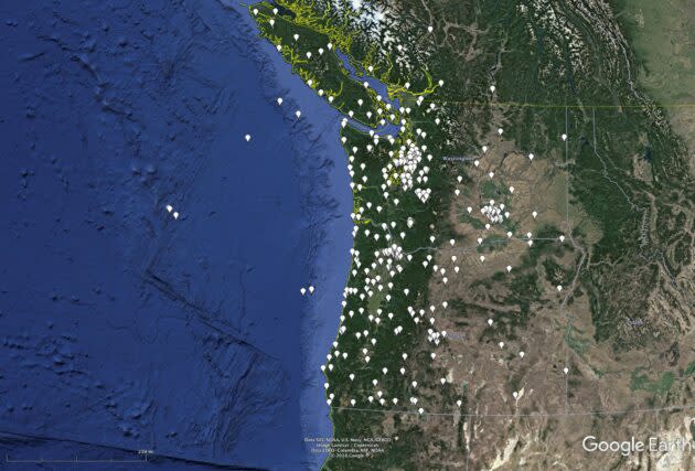 This map locates the Pacific Northwest Seismic Network’s ShakeAlert stations as of spring 2019. The new funding will roughly double the number of stations in Washington and Oregon. (UW / Google Earth Map)