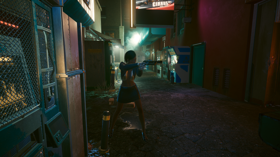 Cyberpunk 2077 V showing off in alley