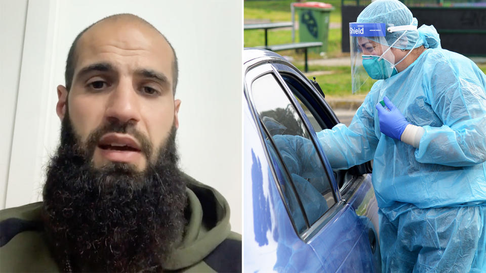 A 50-50 split image shows a screenshot of Bachar Houli from his instagram video on the left, and a drive-though coronavirus test on the right.