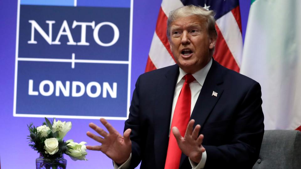 President Donald Trump speaks as he meets with Italian Prime Minister Giuseppe Conte during the NATO summit at The Grove, Wednesday, Dec. 4, 2019, in Watford, England.