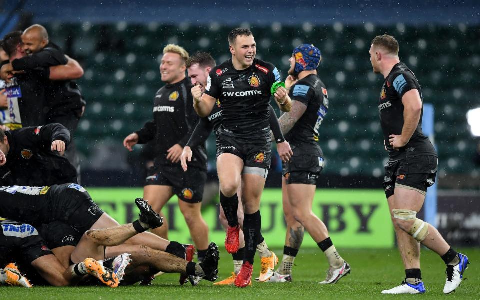 Joe Simmonds of Exeter Chiefs celebrates victory with Sam Simmonds after the Gallagher Premiership Rugby final match between Exeter Chiefs and Wasps - GETTY IMAGES