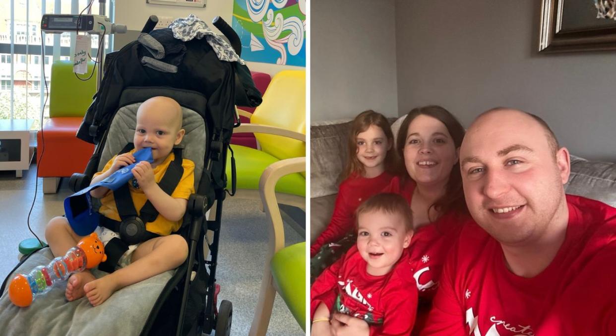 Jaxon Barnes' hard stomach turned out to be a sign of liver cancer, pictured with his parents and sister. (Hayley Barnes/SWNS)