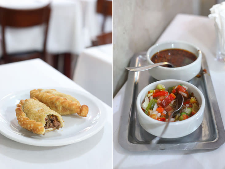 Fried beef 'empanadas' (left) and classic condiments such as 'chimichurri' and 'salsa criolla' (right)