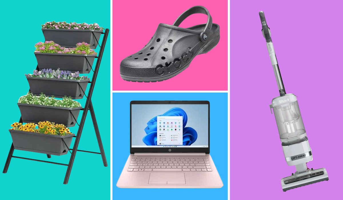 Vertical garden, black Croc clog, pastel pink laptop and silver upright vacuum