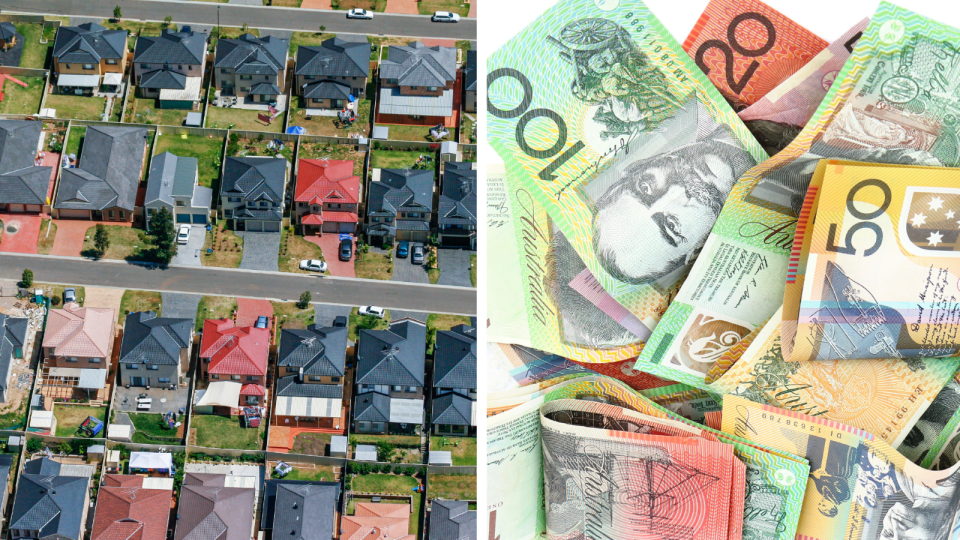 Compilation image of areal view of houses with pile of Australian dollar notes to represent property investors