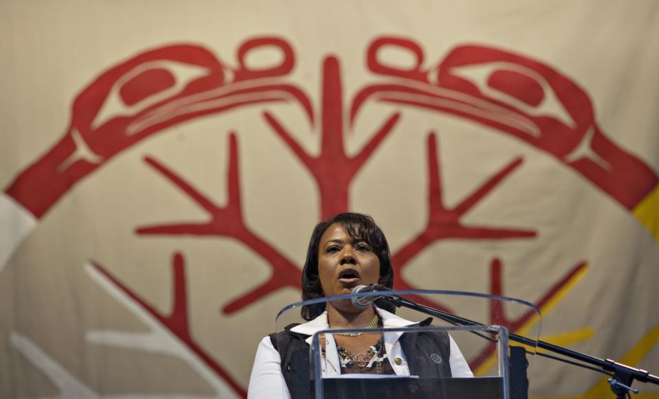 Bernice King, daughter of Martin Luther King Jr addresses people attending a First Nations' Truth and Reconciliation gathering in Vancouver