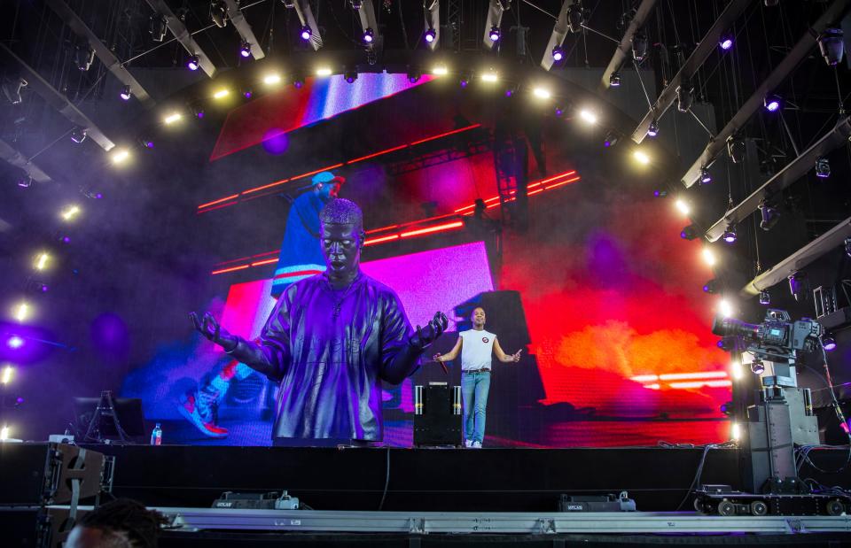 Kid Cudi performs in the Sahara tent during the Coachella Valley Music and Arts Festival in Indio, Calif., Sunday, April 21, 2024.