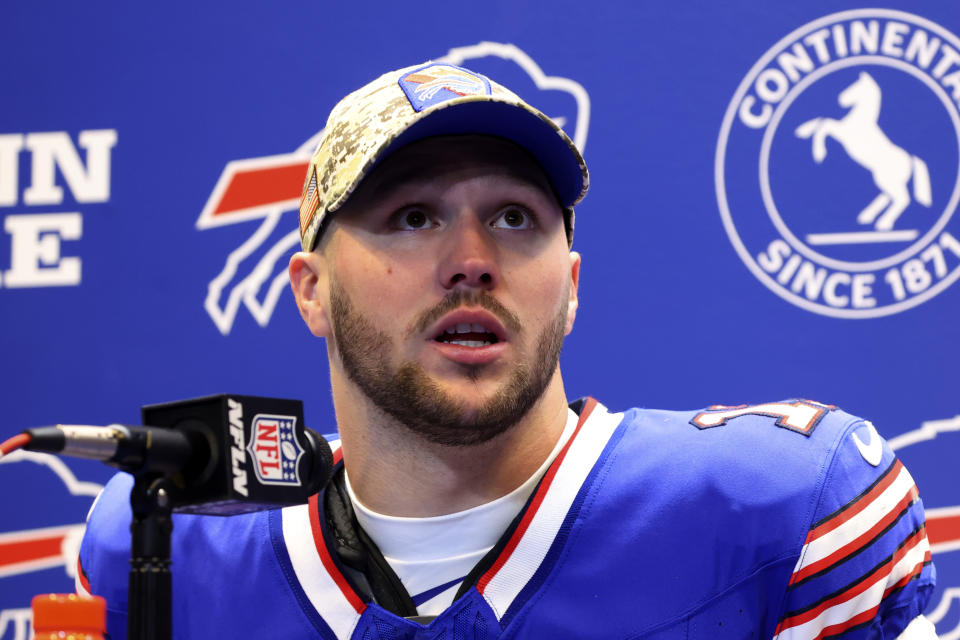 Buffalo Bills quarterback Josh Allen meets with reporters after the team's NFL football game against the New York Jets in Pittsburgh, Sunday, Nov. 19, 2023. The Bills won 32-6. (AP Photo/Jeffrey T. Barnes )