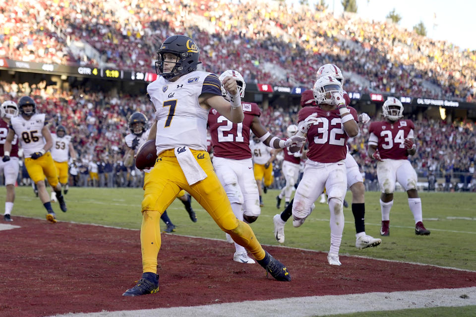 California quarterback Chase Garbers (7) scores the winning touchdown against Stanford during the second half of an NCAA college football game Saturday, Nov. 23, 2019 in Stanford, Calif. California won 24-20. (AP Photo/Tony Avelar)