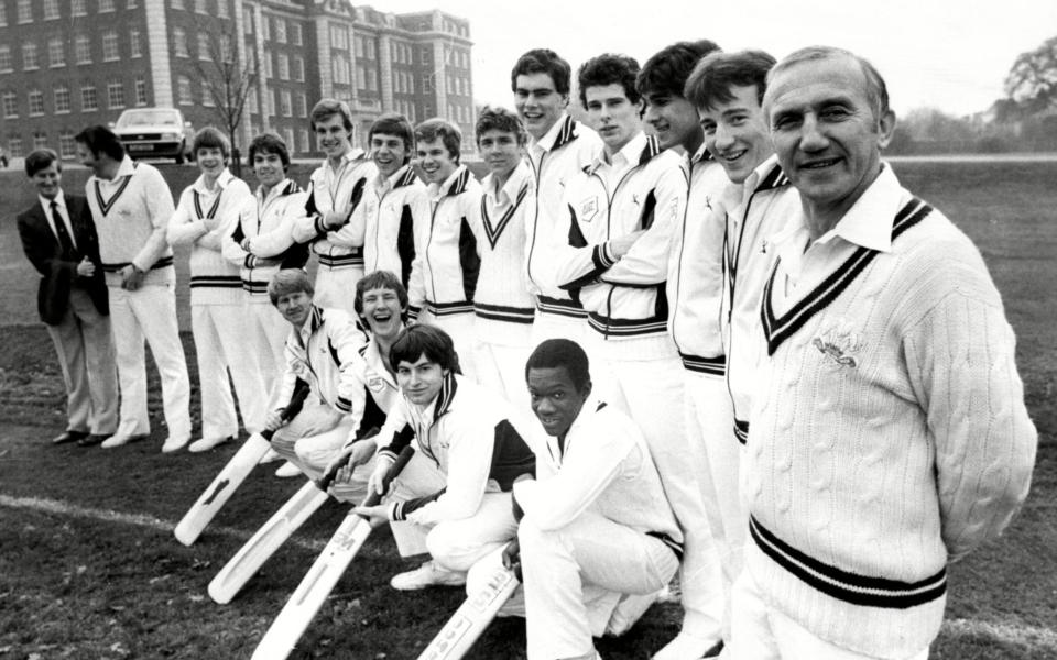 Micky Stewart poses for a picture with the Surrey Schoolboys squad he took on tour to Australia in the 1980s with his son Alec eighth from left on the back row