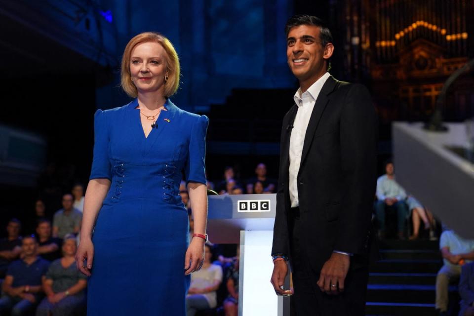 Britain foreign secretary Liz Trus and former chancellor Rihi Sunak during BBC debate on 25 July (AFP/Getty)