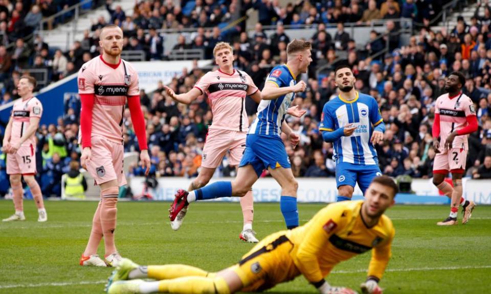 Brighton’s Evan Ferguson (centre) celebrates after scoring his side’s second goal