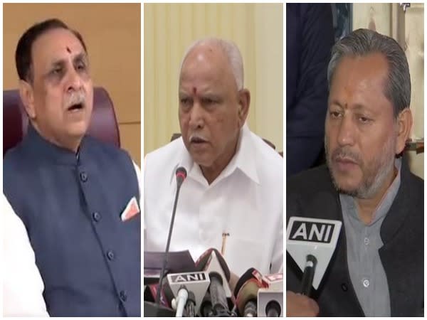 BJP leaders Vijay Rupani, BS Yediyurappa, Tirath Singh Rawat (from left to right)