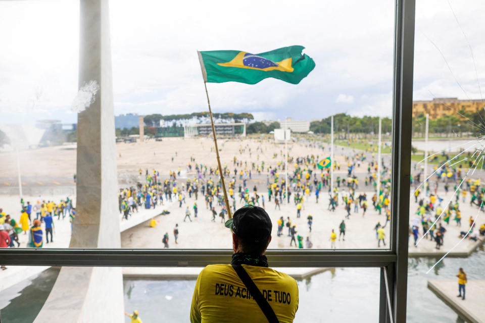 Supporters of Brazil's former president Jair Bolsonaro demonstrate outside Brazil's National Congress in Brasília on Jan. 8, 2023.