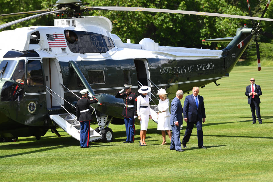 The Prince of Wales and the Duchess of Cornwall greet US President Donald Trump as he arrives for the Ceremonial Welcome at Buckingham Palace, London, on day one of his three day state visit to the UK.