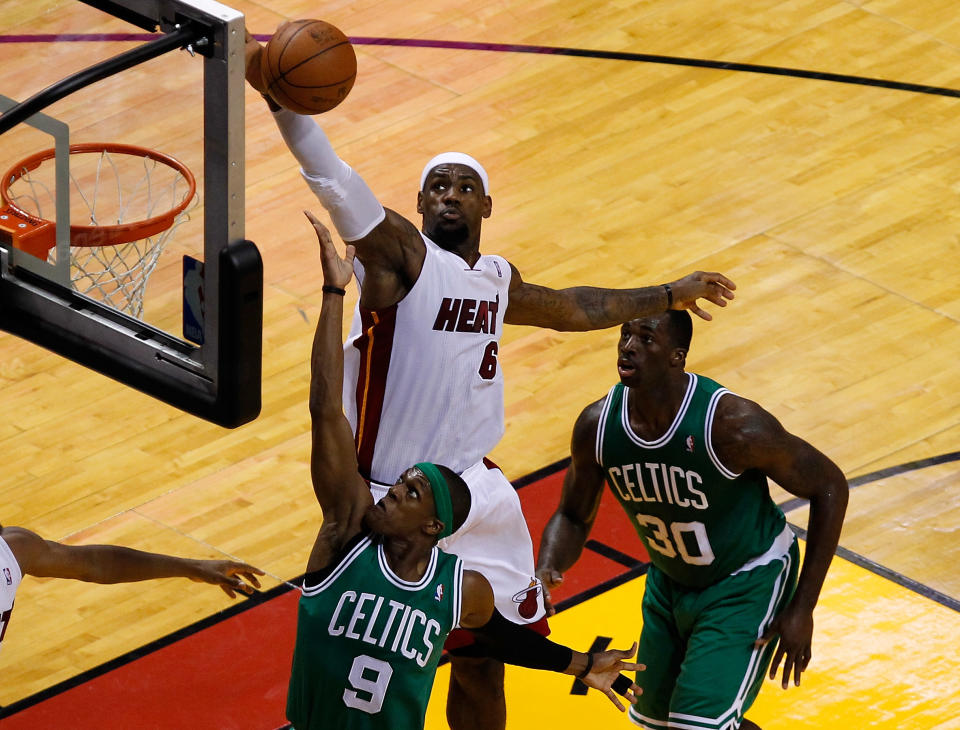 MIAMI, FL - JUNE 09: LeBron James #6 of the Miami Heat blocks the shot of Rajon Rondo #9 of the Boston Celtics in the first half in Game Seven of the Eastern Conference Finals in the 2012 NBA Playoffs on June 9, 2012 at American Airlines Arena in Miami, Florida. (Photo by J. Meric/Getty Images)