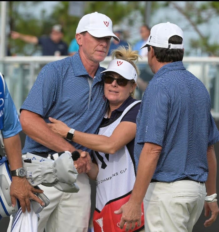 Steve Stricker (left) and his wife Nikki are congratulated after he won a match in the World Champions Cup in December, at The Concession in Bradenton.