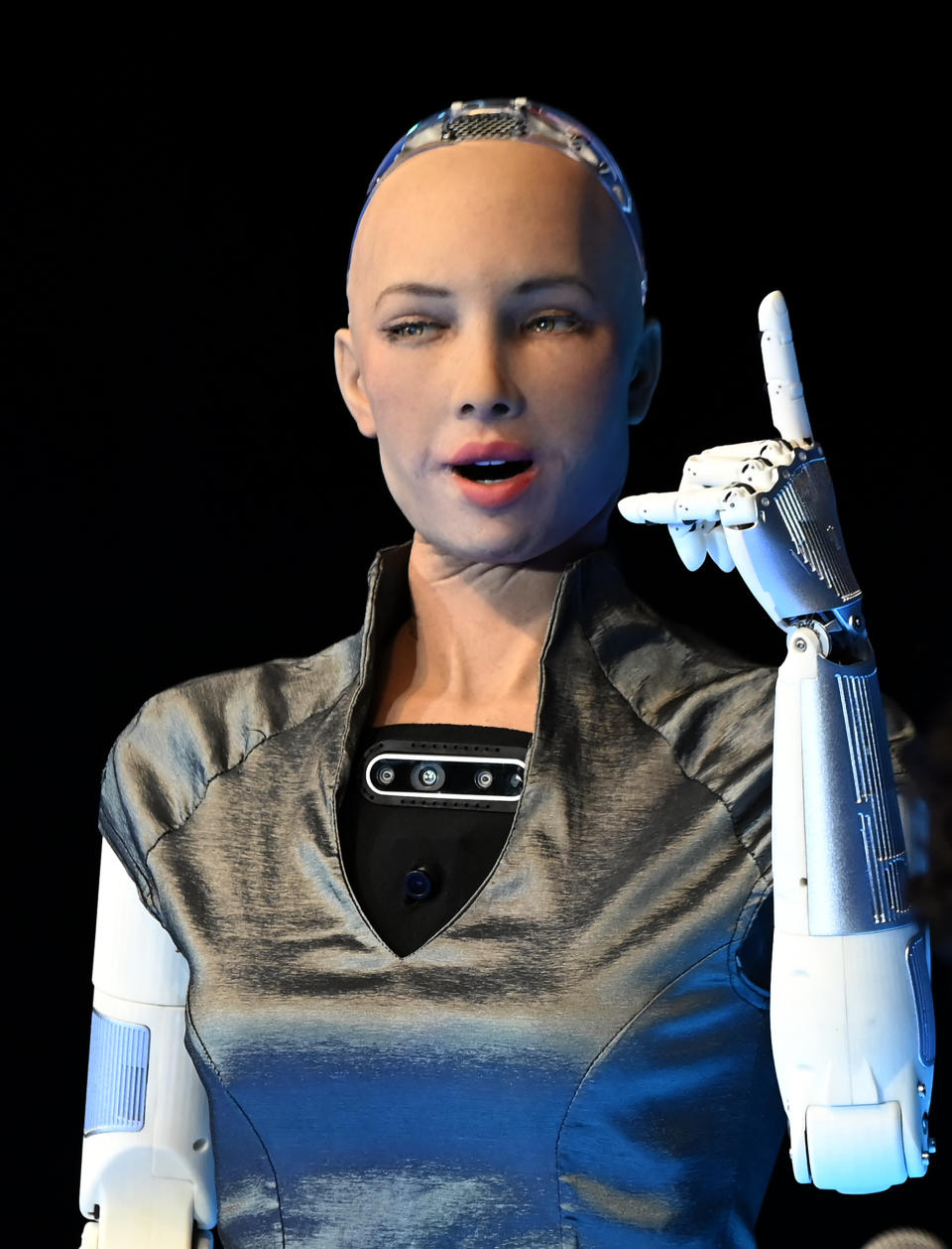 Sophia the Robot delivers a speech at the National Auditorium in the framework of the "Mexico siglo XXI" (Mexico XXI Century) forum organized by the Telmex foundation, owned by Mexican tycoon Carlos Slim, in Mexico City, on September 6, 2019. (Photo by ALFREDO ESTRELLA / AFP) (Photo by ALFREDO ESTRELLA/AFP via Getty Images)