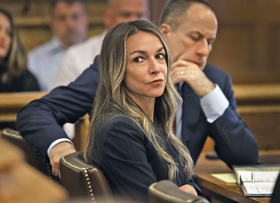 Karen Read and attorney David Yannetti listen during her trial, Wednesday, June 12, 2024, in Norfolk Super Court in Dedham, Mass. Read is facing charges, including second degree murder, in the 2022 death of her boyfriend Boston Officer John O’Keefe. (Greg Derr/The Patriot Ledger via AP, Pool)