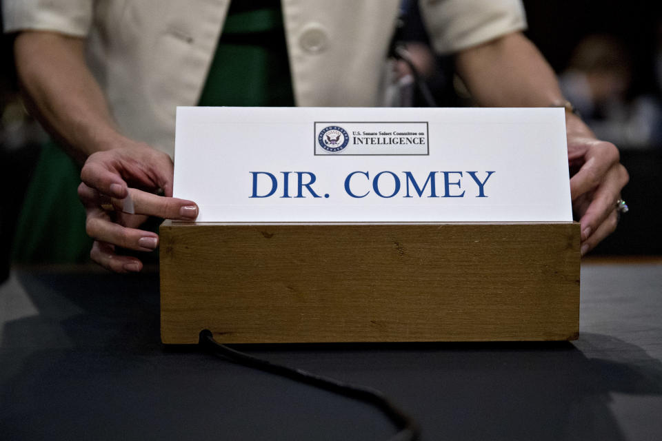 The name placard for the former FBI&nbsp;director is placed on&nbsp;the witness table ahead of his appearance.