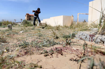 Blood is seen on the scene of a gun battle during an operation to arrest the main suspect in an assassination attempt against Palestinian Prime Minister Rami Hamdallah, in the central Gaza Strip March 22, 2018. REUTERS/Ibraheem Abu Mustafa