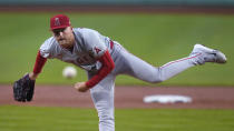 Los Angeles Angels pitcher Reid Detmers delivers during the first inning of the team's baseball game against the Boston Red Sox, Friday, April 12, 2024, in Boston. (AP Photo/Charles Krupa)