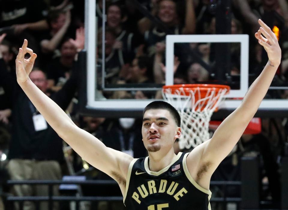 Purdue Boilermakers center Zach Edey (15) reacts after making a three-point shot during the NCAA men’s basketball game against the Indiana Hoosiers, Saturday, Feb. 10, 2024, at Mackey Arena in West Lafayette, Ind. Purdue Boilermakers won 79-59.